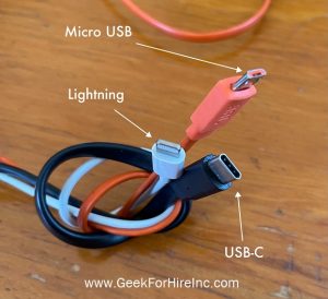 Photo of USB C Cable, Lightening Cable, and Micro USB cable