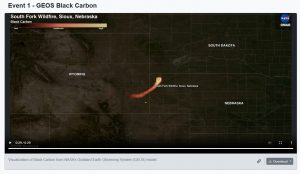 Screen shot from NASA of the South Fork wildfire in Sious Nebraska. It shows the heat plume stretching from the NW corner of Nebraska into SE Wyoming. It kind of looks like a comma.